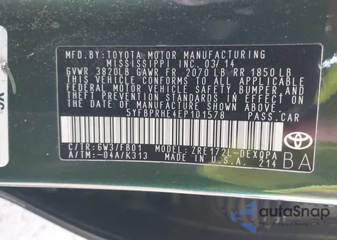 2014 Toyota Corolla Le Eco z USA, uszkodzony, nr VIN 5YFBPRHE4EP101578